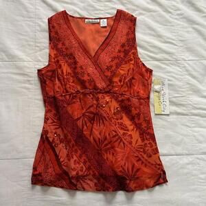 90s deadstock vintage Ny & Co Orange red floral print silk tank top sequins